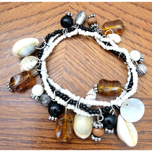 Vtg Estate Bracelet Cowrie Shell Beaded Charm Dangle 2-Strand Fashion‎ Jewelry